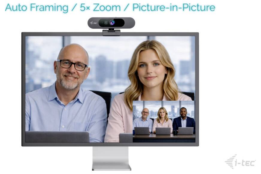 „Automatické zarámovanie / 5× Zoom / Obraz v obraze": Počítačový monitor zobrazuje videokonferenciu so štyrmi účastníkmi a funkciami kamery.