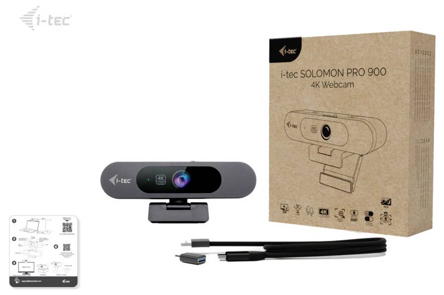 „i-tec Solomoon Pro 900 4K Webkamera" s krabicou, webkamerou, rýchlou príručkou na spustenie a pripojovacími kábľami.
