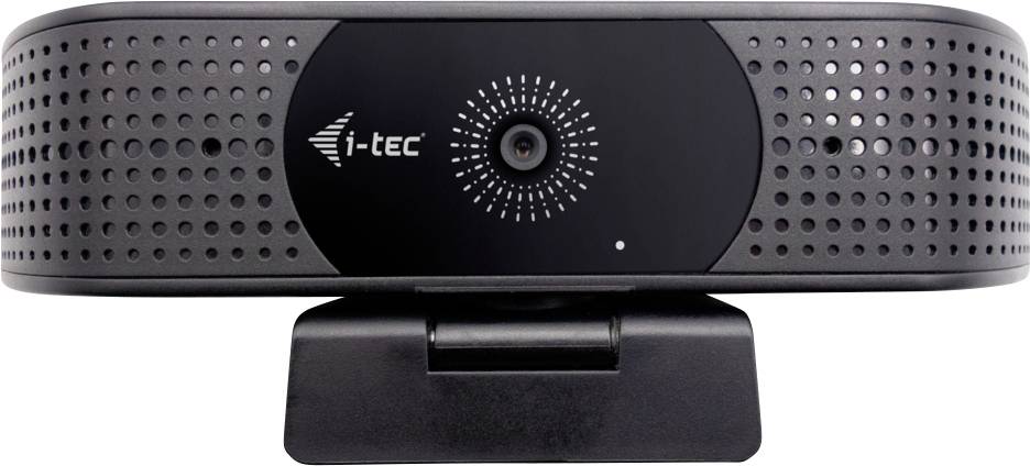 Čierna webkamera i-tec s objektívom v strede, obklopeným otvormi pre mikrofón, pripevnená na klipu, používaná na videohovory alebo streamovanie.