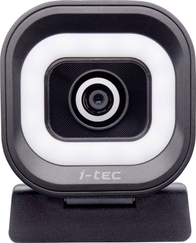 Čierna webkamera so štvorcovým dizajnom a zabudovaným krúžkovým svetlom, používaná na videokonferencie a streamovanie, s názvom značky „i-tec" zobrazeným v dolnej časti.