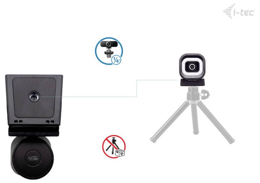 Diagram znázorňujúci objektív fotoaparátu pripevnený na kryt, prepojený s fotoaparátom monovaným na statív. Červená ikona označuje bez pripevnenia statívu.