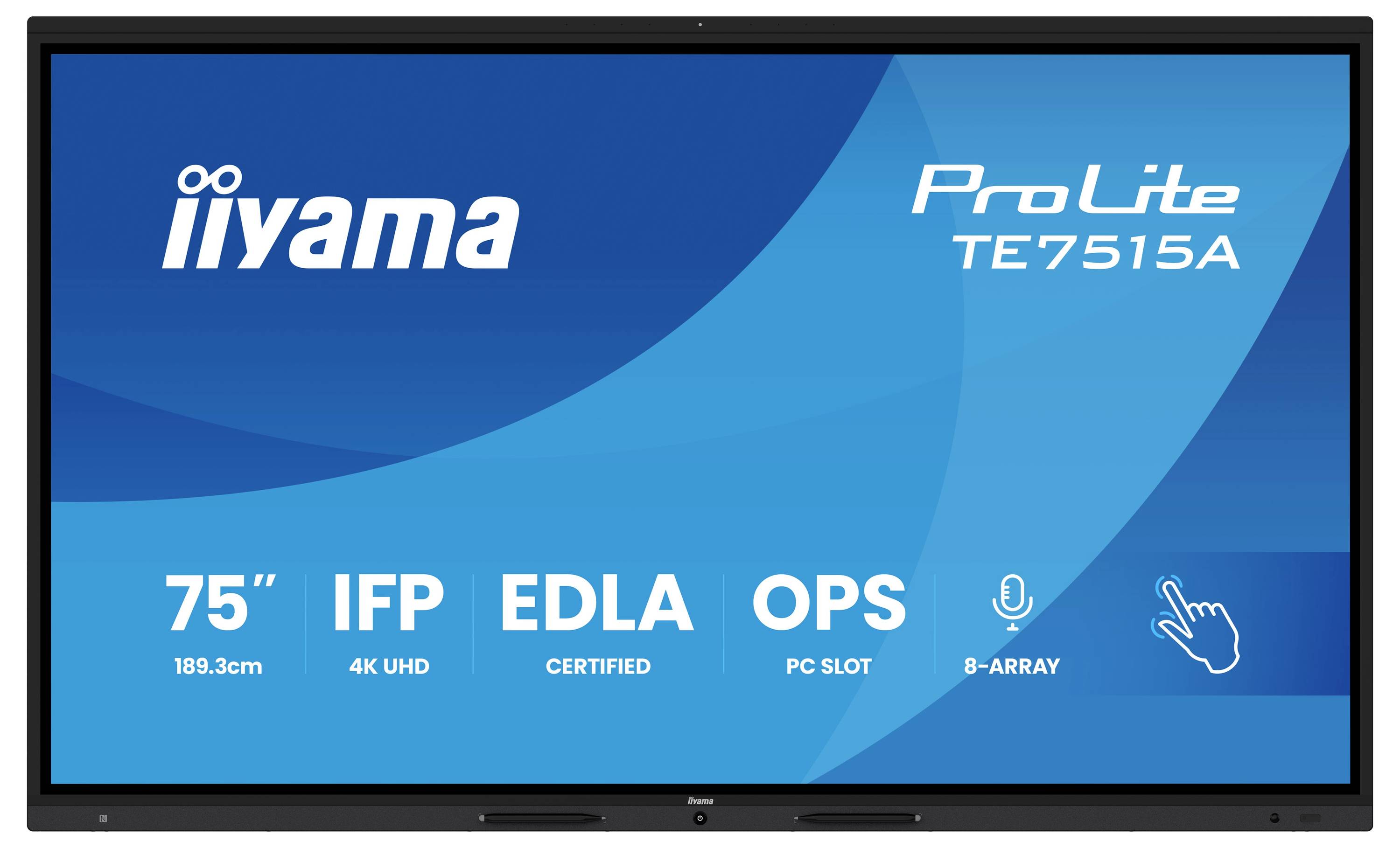 Displej „iiyama ProLite TE7515A" s veľkosťou 75", rozlíšením 4K UHD a rôznymi certifikáciami, ako sú IFP, EDLA a OPS.