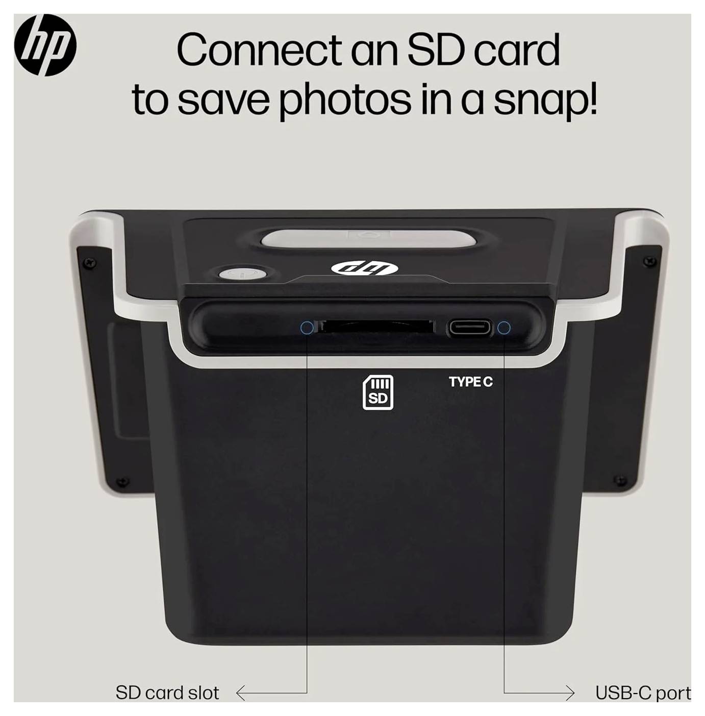 'Pripojte SD kartu a ukladajte fotografie v okamihu!' s obrázkom slotu na SD kartu a portu USB-C na zariadení.