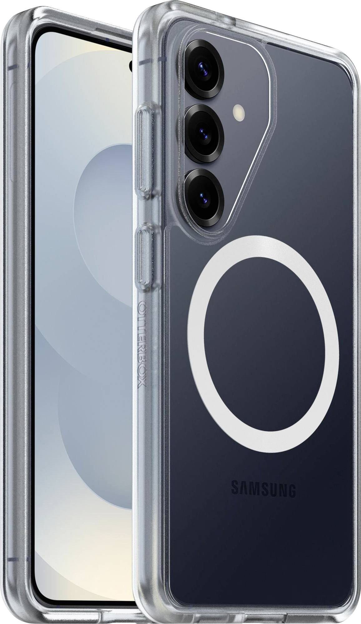 Smartfón s trojitým fotoaparátom, zobrazený v čírom ochrannom obale. Obal má kruhový dizajn kompatibilný s MagSafe.