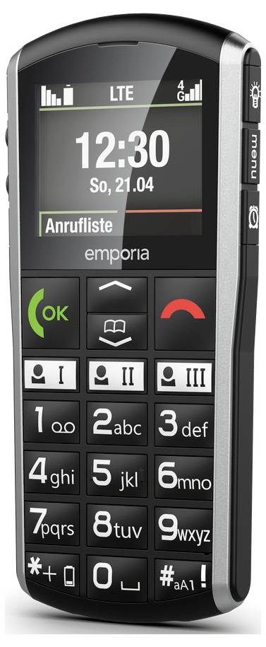 Čierny mobilný telefón s veľkými tlačidlami, ktorý zobrazuje na displeji "Anrufliste", s ikonami na hovor, správu a ponuku, určený pre dostupnosť.