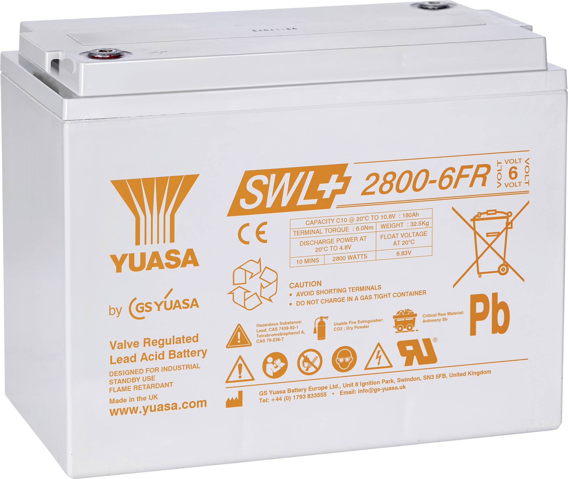 Batéria olovená Yuasa SWL+ 2800-6FR, 6V, pre priemyselné záložné použitie, s bielym krytu a oranžovým textom detailujúcim kapacitu a bezpečnostné ikony.