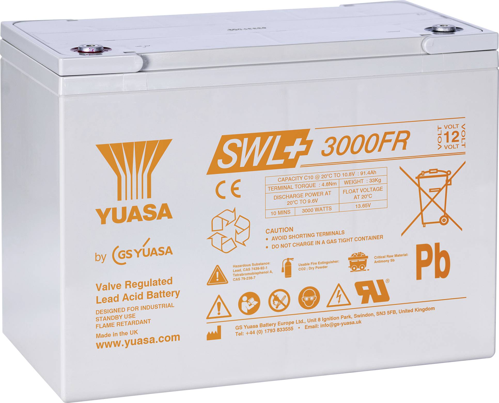 Batéria olovená Yuasa SWL 3000FR, 12V, s regulovaným ventilom. Varovacie ikony: nezkratujte svorky, žiadne otvorené plamene. Vyrobené v Spojenom kráľovstve.