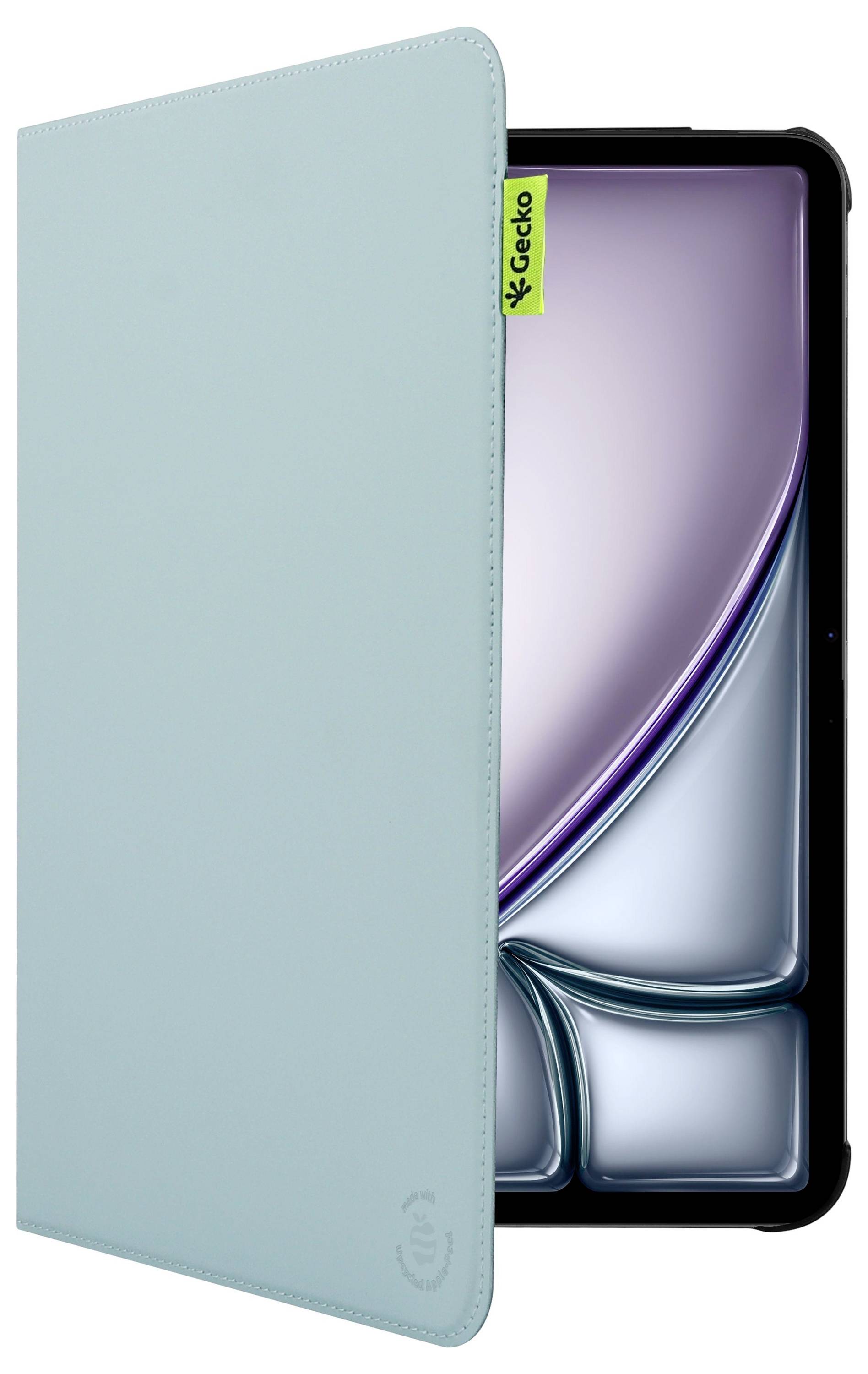 Tablet čiastočne zakrytý svetlomodrou obálkou, displej zobrazuje žiarivú obrazovku s abstraktnými tvarmi. Štítok s nápisom "GECID".