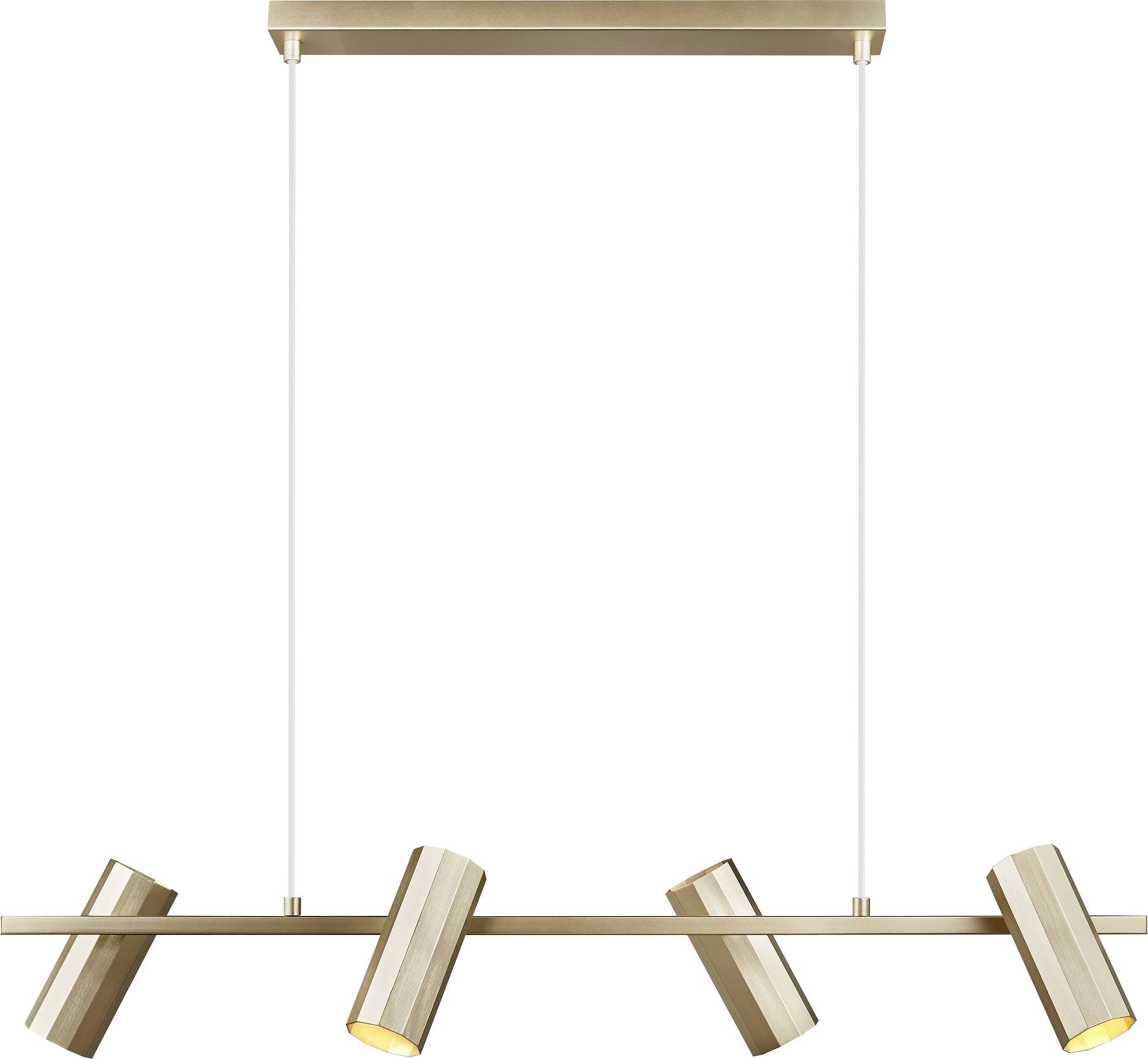 Moderný zlatý stropný svetelný prvok s piatimi nastaviteľnými reflektormi na lineárnej tyči, zavesený dvoma lanami z obdĺžnikovej upevňovacej časti.