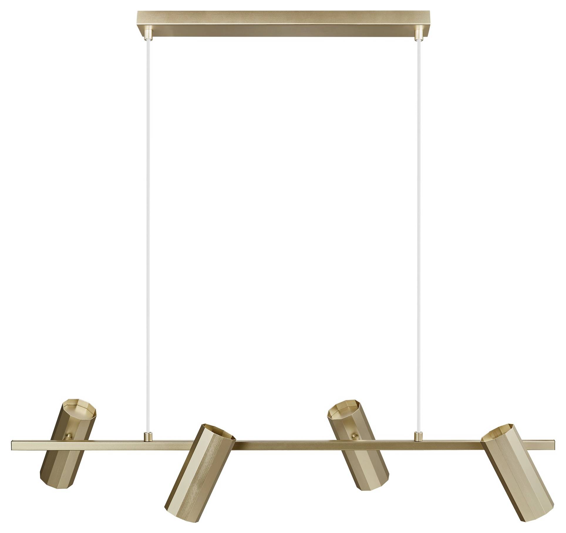 Moderný závesný svietidlo so štyrmi nastaviteľnými valcovitými lampami v zlatom prevedení, zavesené na obdĺžnikovom zlatom stropnom držiaku.