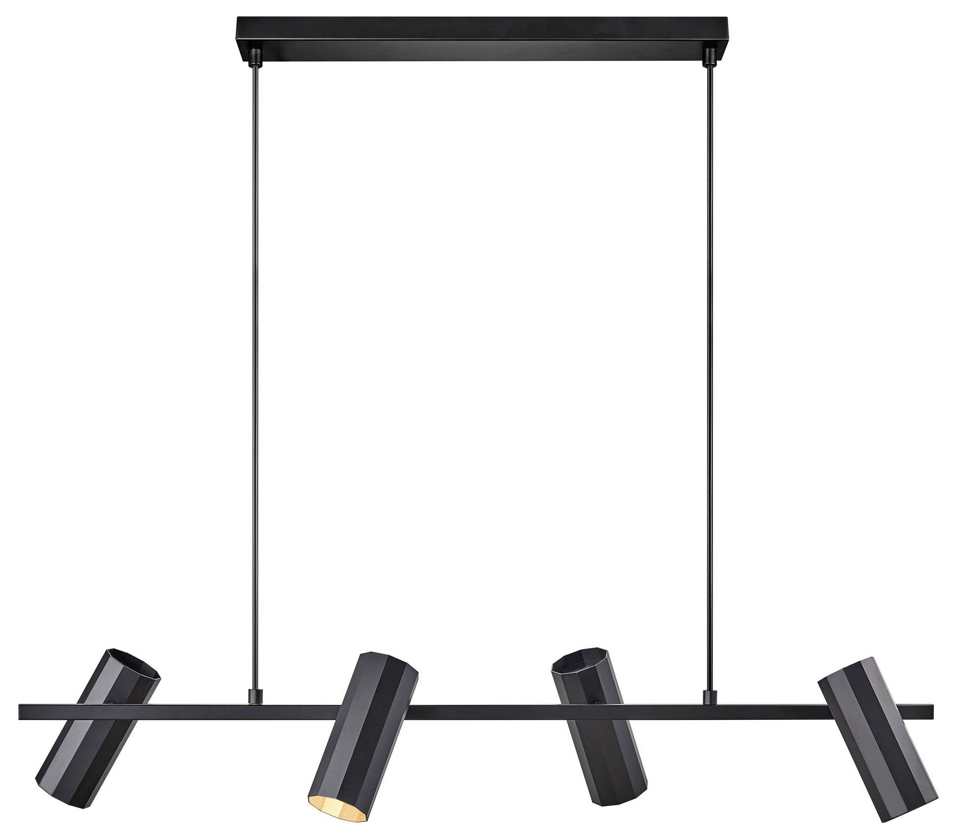 Čierny moderný závesný luster so štyrmi nastaviteľnými valcovými tienidlami visí z stropu.