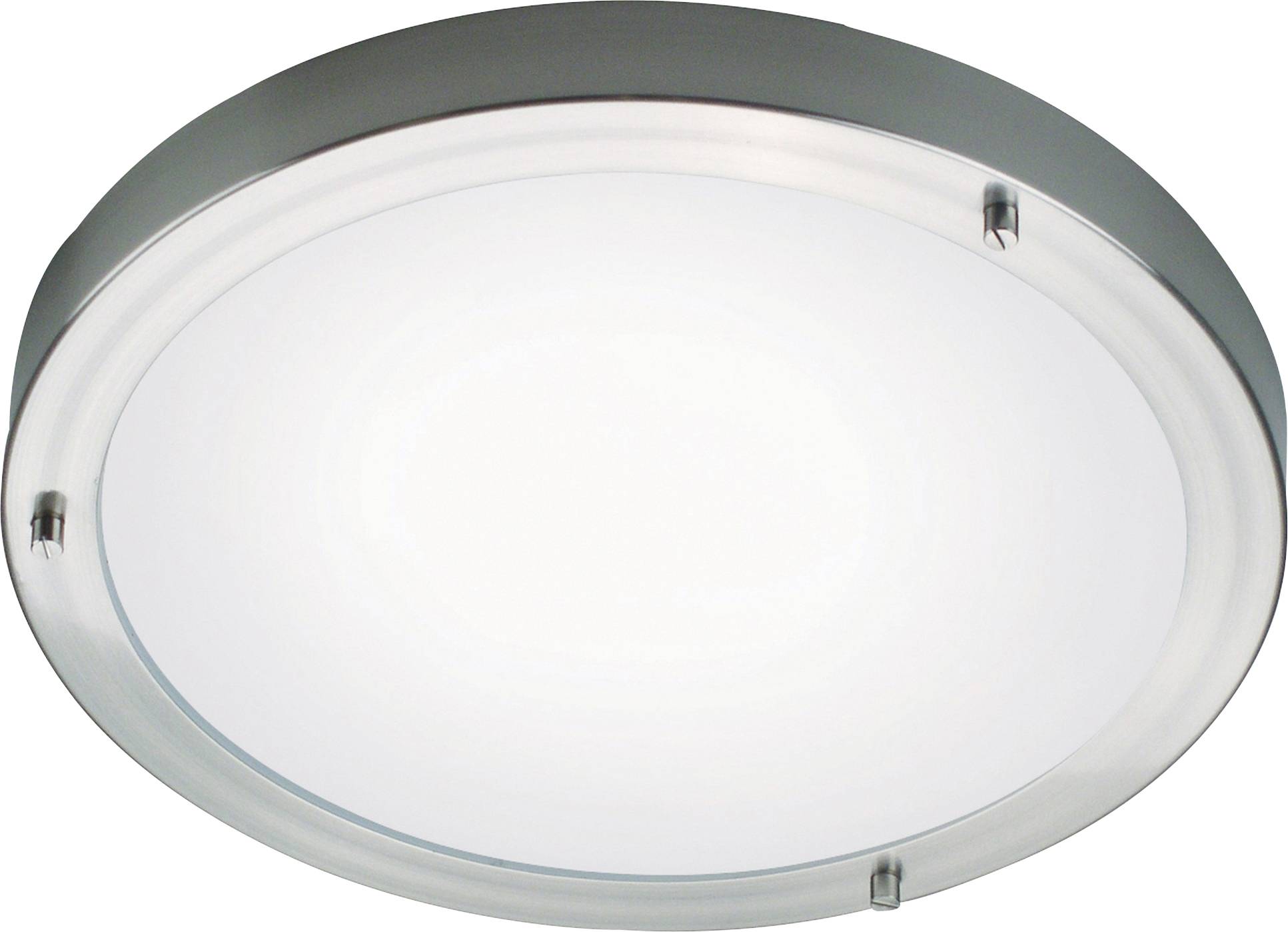 Okrúhle, zarubované stropné svetlo s matným skleneným krytom a kovovým okrajom, navrhnuté na vnútorné osvetlenie.