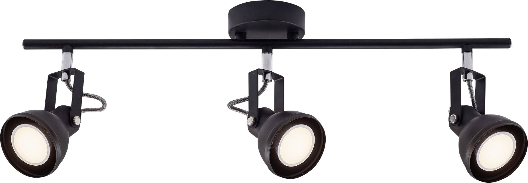 Trojité stropné koľajnicové svietidlo s nastaviteľnými reflektormi namontovanými na čiernej tyči, vhodné pre moderné interiérové osvetlenie.