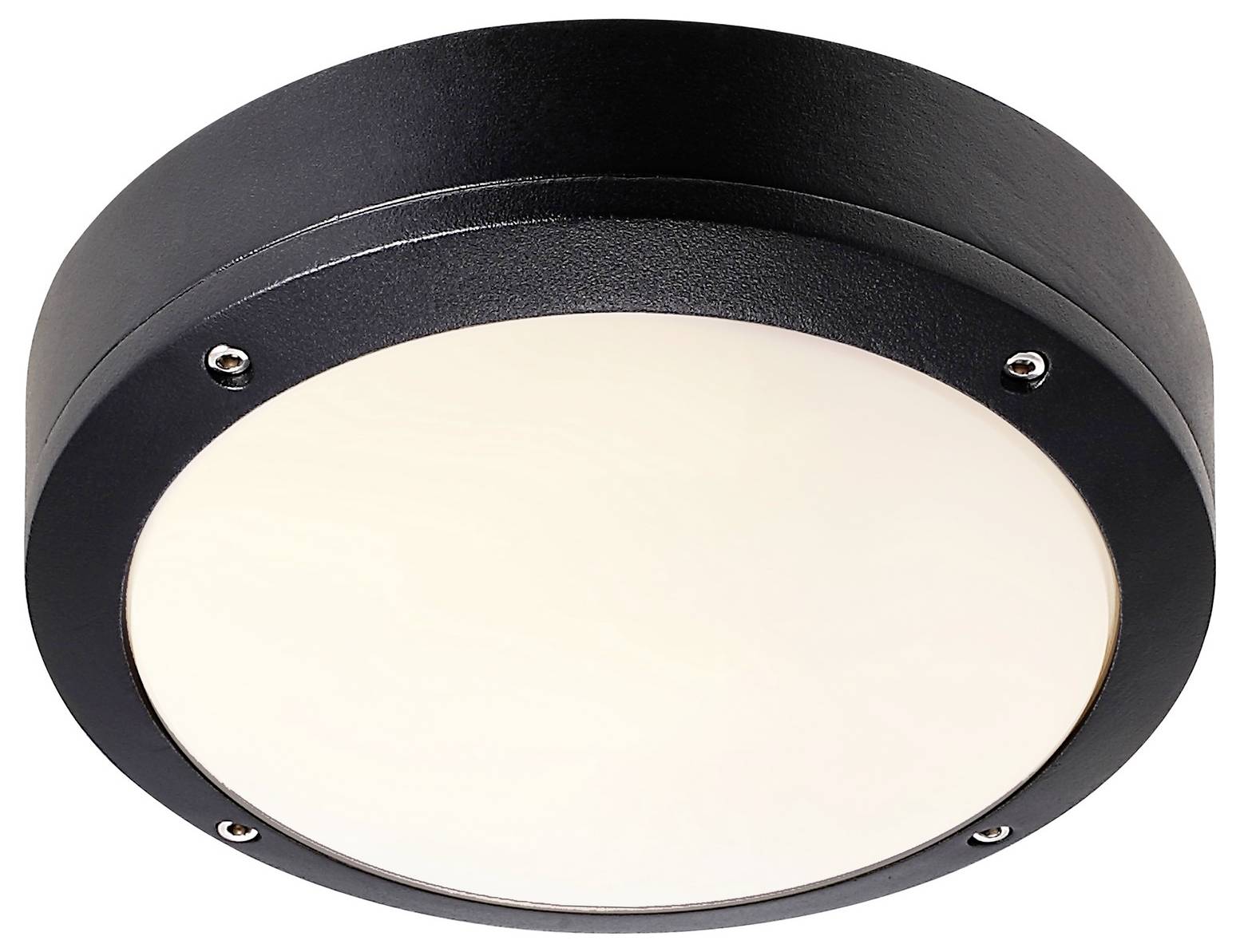 Okrúhla, zapustená stropná svetelná armatúra s čiernym kovovým rámom a matným skleneným difúzorom, vhodná na moderné interiéry.