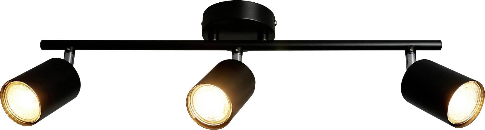 Čierna stropná koľajová svietidla s tromi nastaviteľnými valcovitými reflektormi, z ktorých každý je osvetlený, pripevnené k vodorovnému nosníku.
