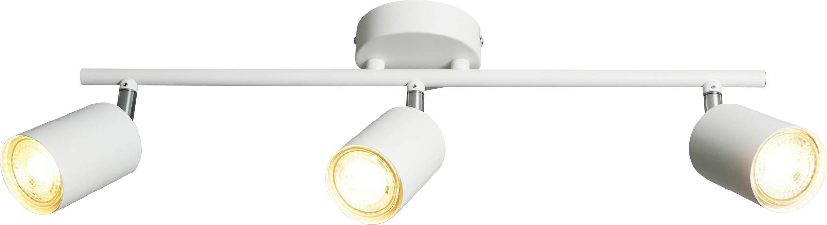 Biela stropná svetelná арматúra s tromi nastaviteľnými reflektormi. Každý reflektor má valcovitý tvar a vyžaruje teplé, zamerané svetlo.