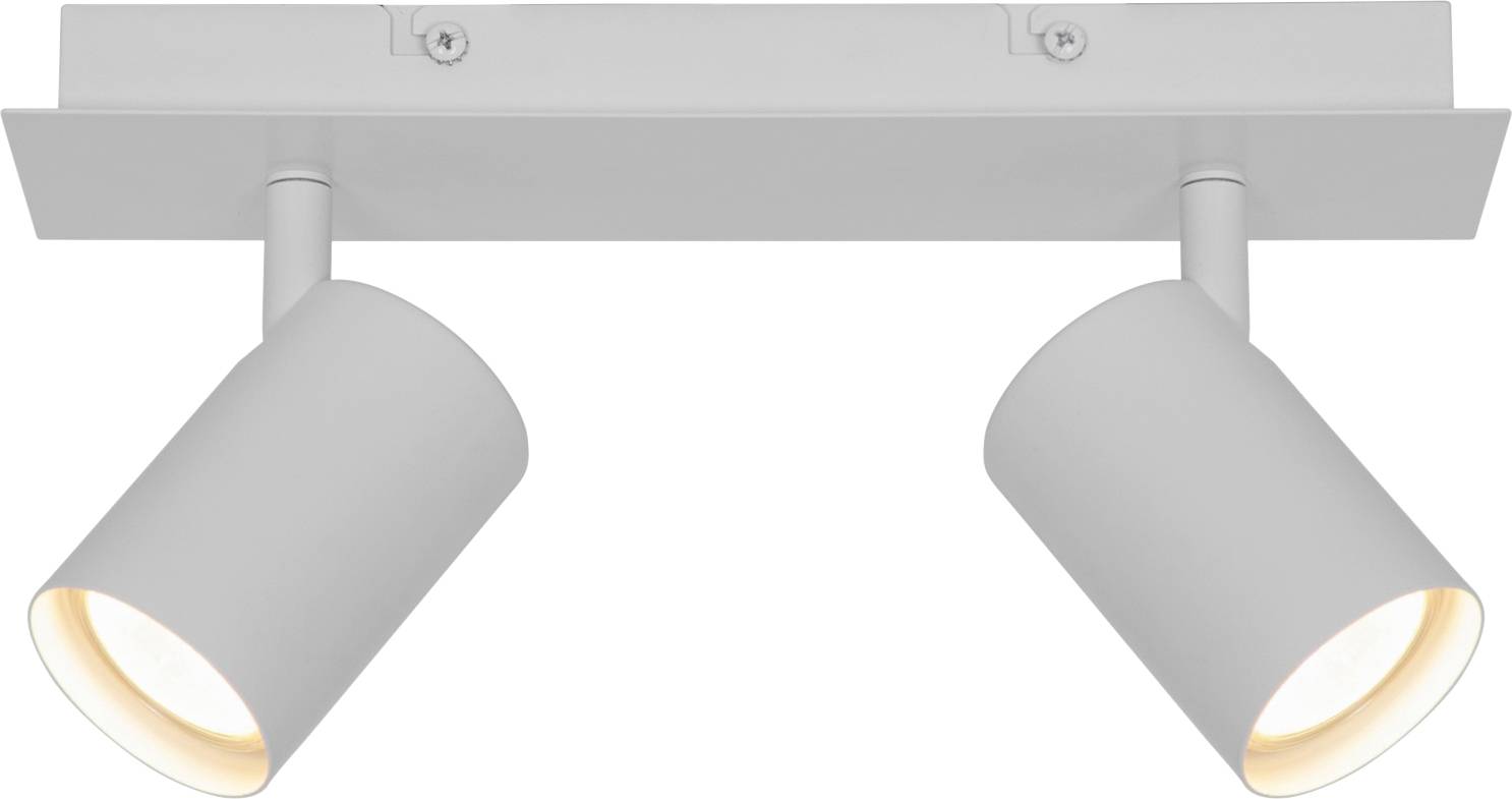 Moderný stropný svietidlo s dvoma nastaviteľnými valcovými reflektormi v bielej farbe, namontované na obdĺžnikovej základni.