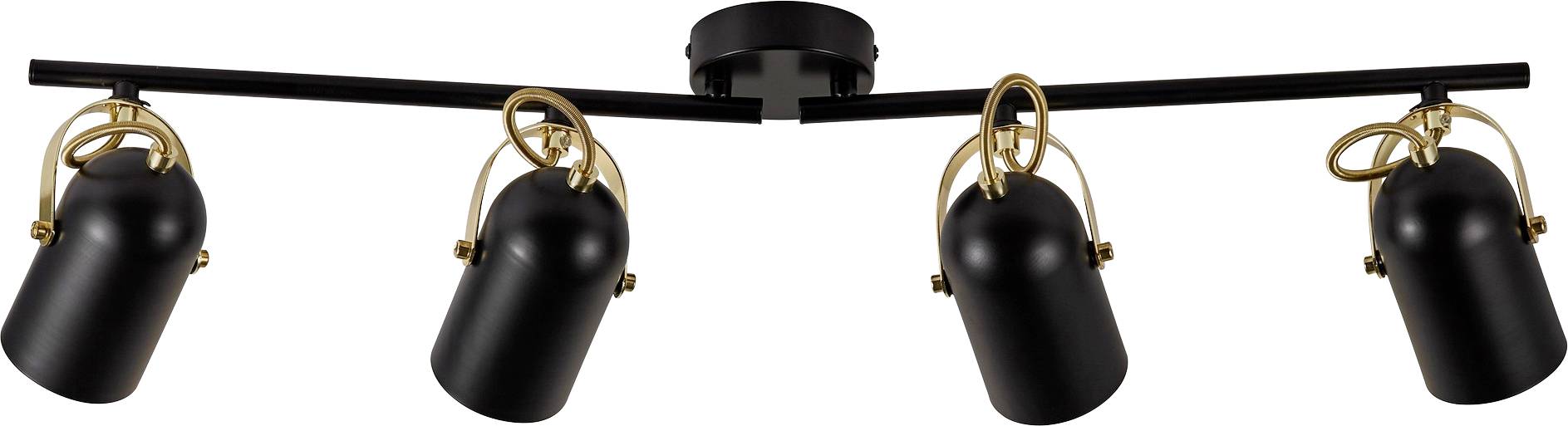 Čierno-zlatá stropná lampa so štyrmi svetlami a nastaviteľnými reflektormi upevnenými na priamej tyči.
