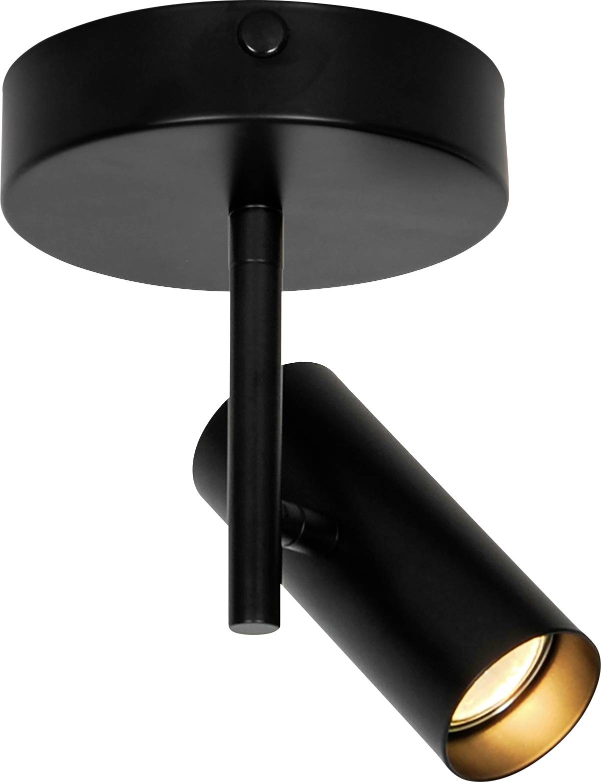Čierny nastaviteľný stropný bodový reflektor s valcovým dizajnom, svietiacim smerom nadol, vhodný na zameranie svetla do špecifických oblastí.