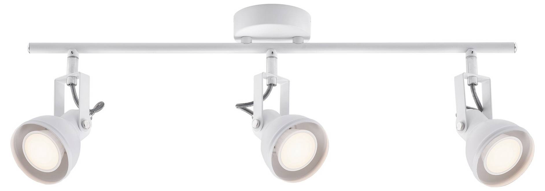 Tri nastaviteľné biele stropné reflektory na horizontálnom koľajnicovom držiaku.