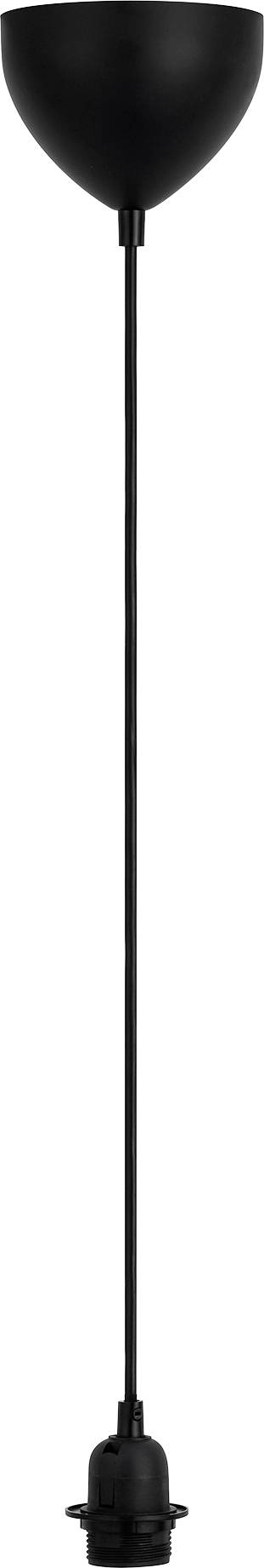 Čierna závesná lampa s kužeľovitým stropným držiakom, tenké závesné lanko a pätica pre žiarovku na konci. Moderný, minimalistický dizajn.