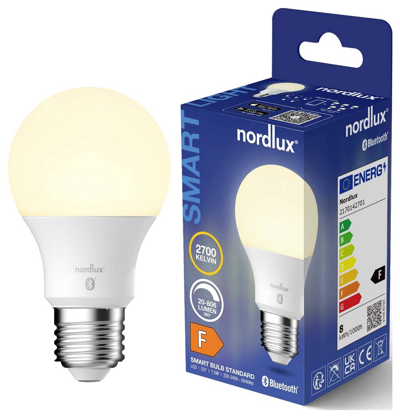 Inteligentná LED žiarovka "Nordlux 2700 Kelvin, 210-806 lumen, trieda F", s technológiou Bluetooth, zobrazená vedľa jej balenia zdôrazňujúceho energetickú účinnosť.