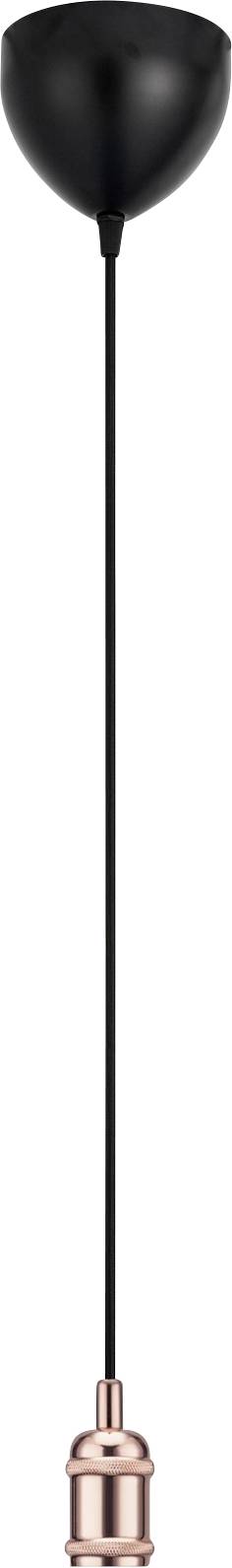 Čierne závesné svietidlo s dlhým čiernym kábľom a kovovou medenou objímkou, navrhnuté na zavesenie, spájajúce moderný a industriálny štýl.