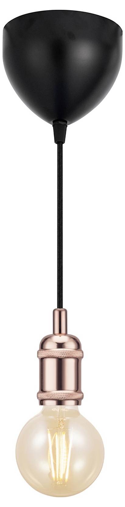 Moderný závesný svietidlo s čiernym stropným upevnením, štíhlym kábľom a meďovým sokľom držiacim svietiace exponované žiarovky.