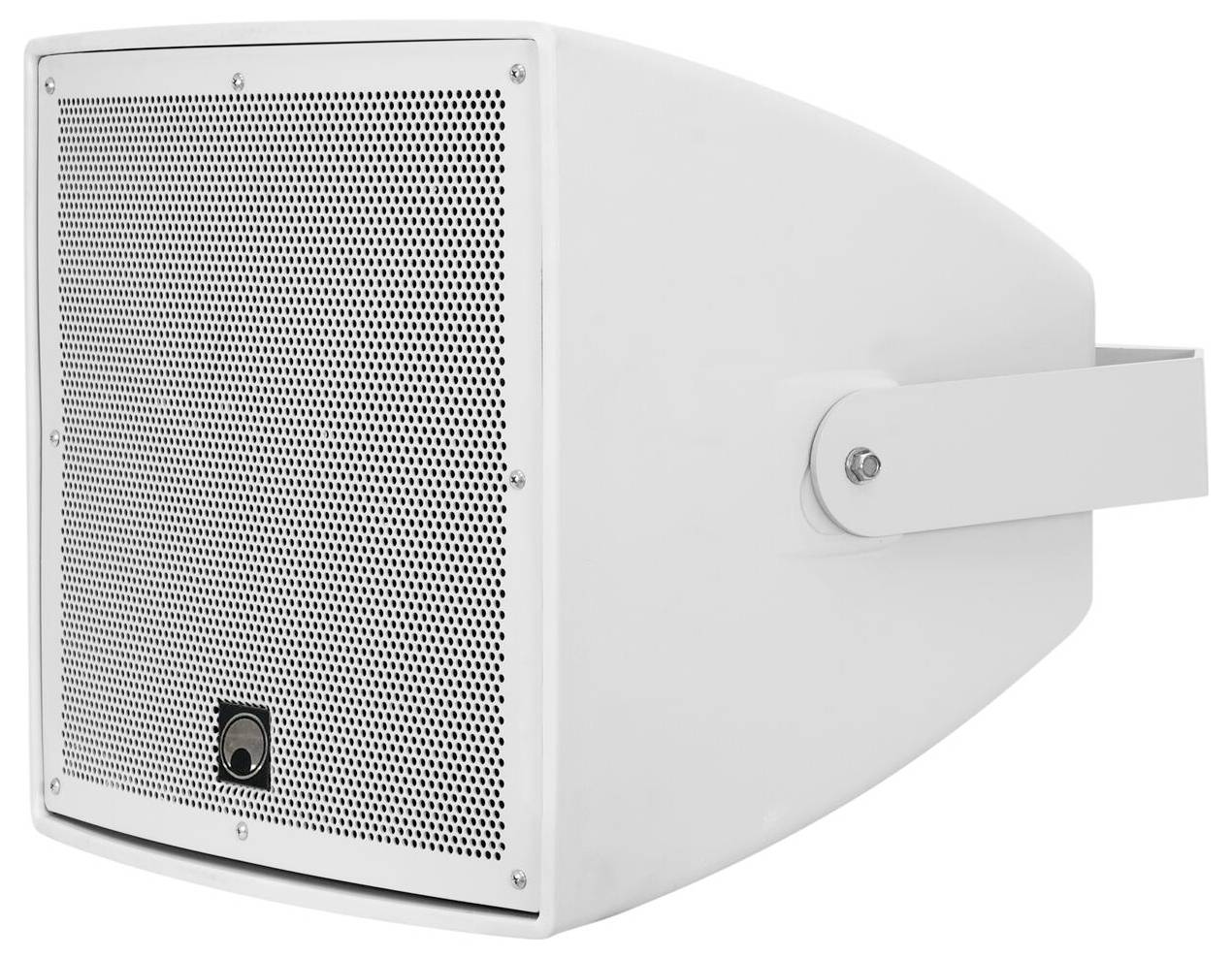 Biely, na stenu montovaný vonkajší reproduktor s perforovanou kovovou mriežkou a nastaviteľnou konzolou.