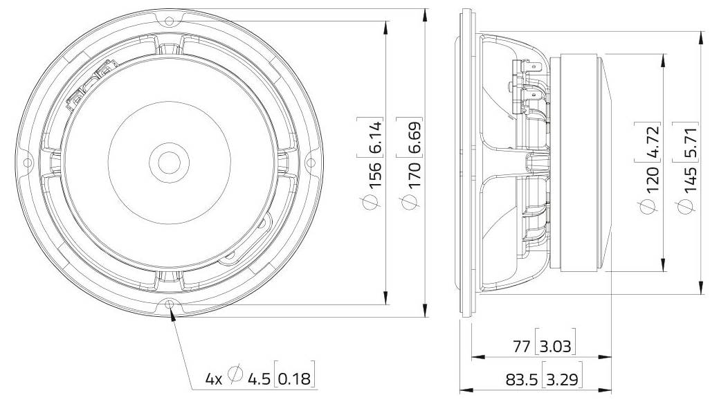 Technický výkres kruhového reproduktora s rozmermi priemeru a hĺbky. Predný pohľad zobrazuje priemer 170 mm, bočný pohľad zobrazuje hĺbku 83,5 mm.