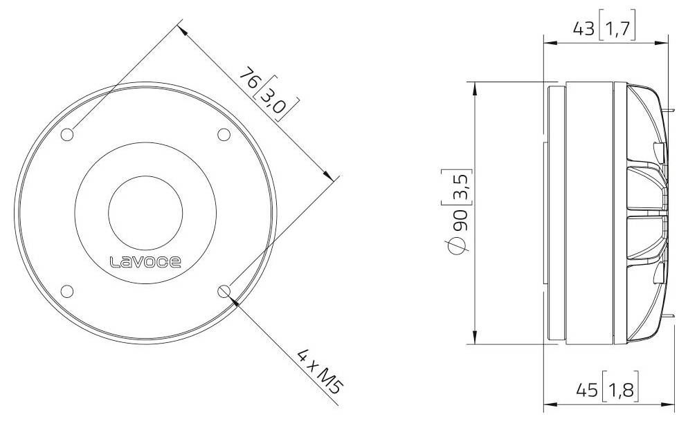 Technický výkres kruhového zariadenia s rozmermi: priemer 76 mm, výška 90 mm, bočné časti 43 mm a 45 mm, 4 x skrutky M5.