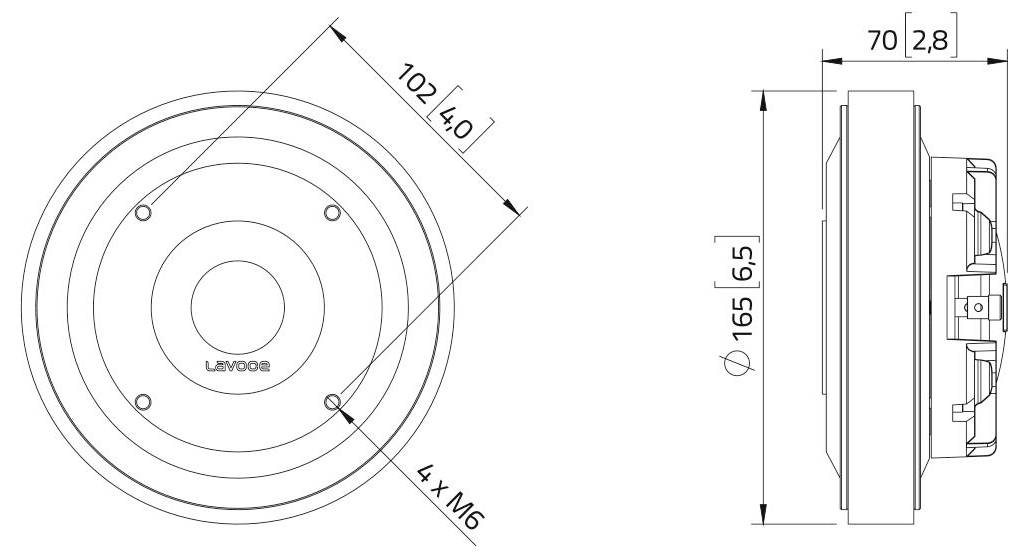 Diagram zobrazujúci rozmery kruhového držiaka reproduktora: priemer 165 mm, rozostup otvorov 102 mm, hĺbka 6,5 mm a 4 montážne body.