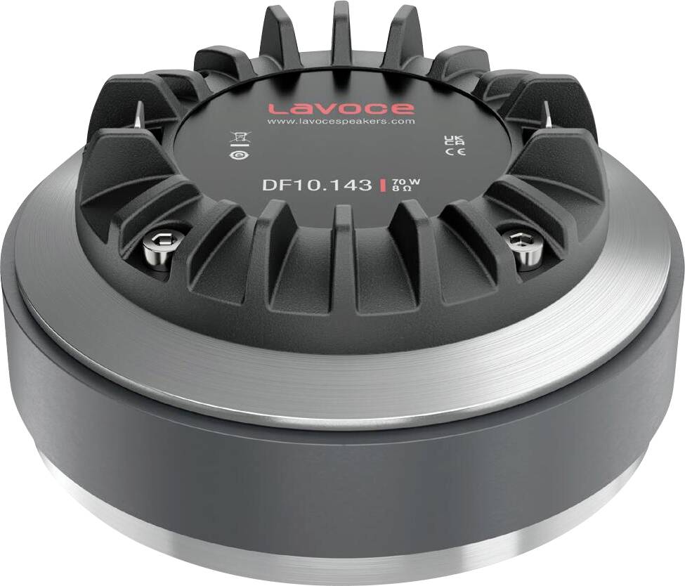 Okrúhly čierny reproduktor s vrúbkovanými okrajmi, označený „Lavoce DF10.143", s uvedením 70W a 8Ω, umiestnený na striebornej kovej podstave.