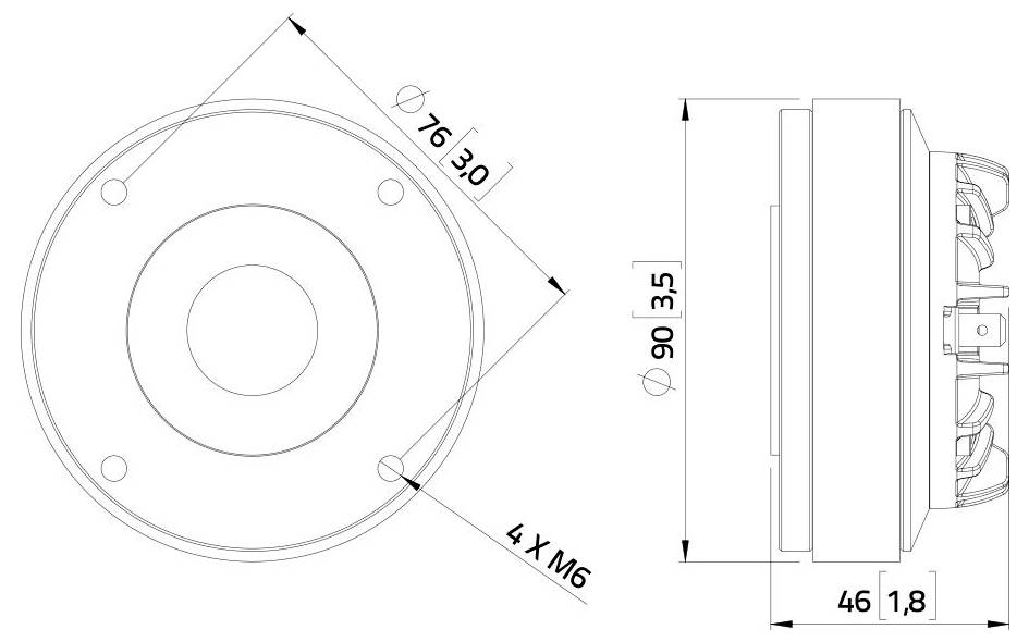Technický diagram okrúhleho detektora dymu s rozmermi: priemer 76 mm, výška 46 mm, celková hĺbka 90 mm a 4 montážne otvory M6.