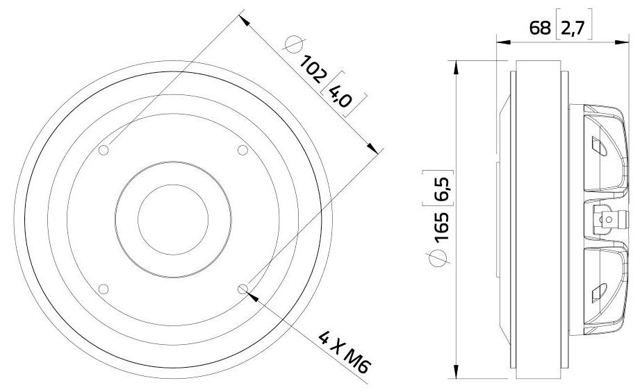Technický výkres kruhľového puzdra reproduktora s označenými rozmermi: priemer 165 mm, hĺbka 68 mm a montážne otvory.