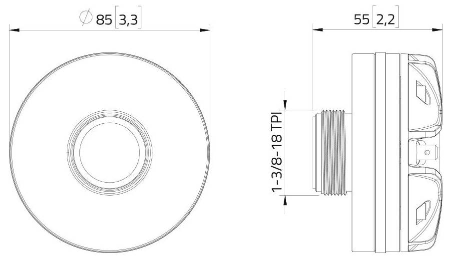 „Technický výkres valcového komponentu: priemer 85 mm, výška 55 mm so závitom označeným 1-3/8-18 TPI."