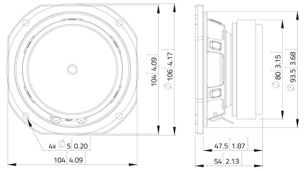 Technický výkres reproduktora s pohľadom spredu a zboku s rozmermi. Priemer je 106 mm, hĺbka 54 mm a sú zahrnuté detaily puzdra.