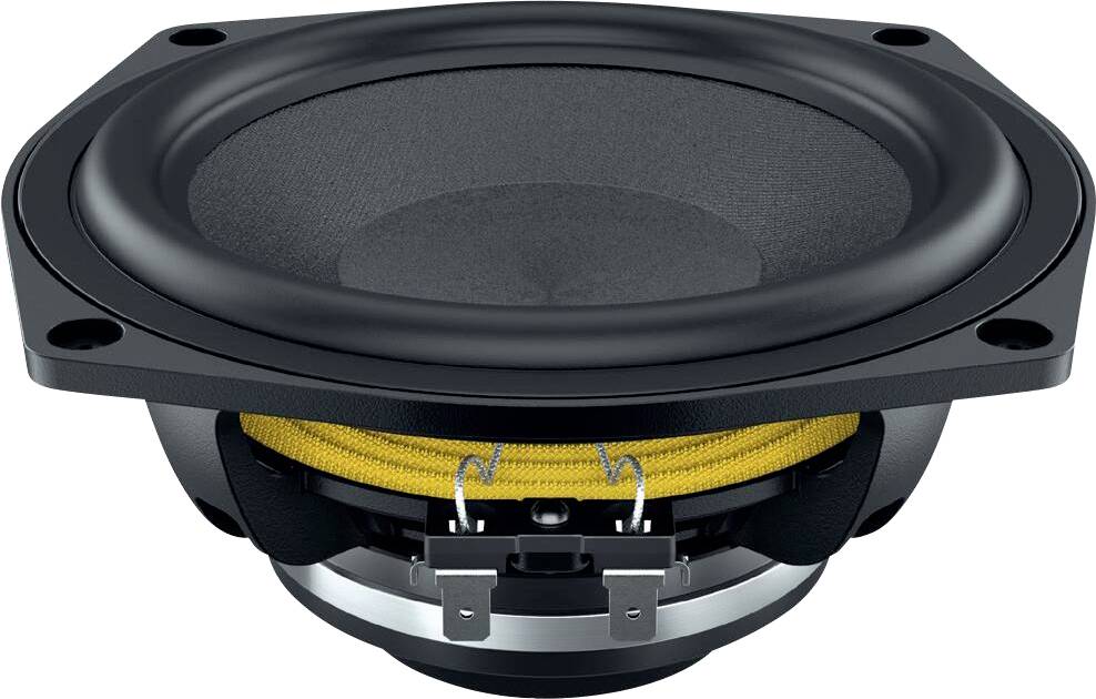 Čierny reproduktor s tkaninou kužeľa a viditeľnými detailmi cievky, typicky používaný v audio systémoch.