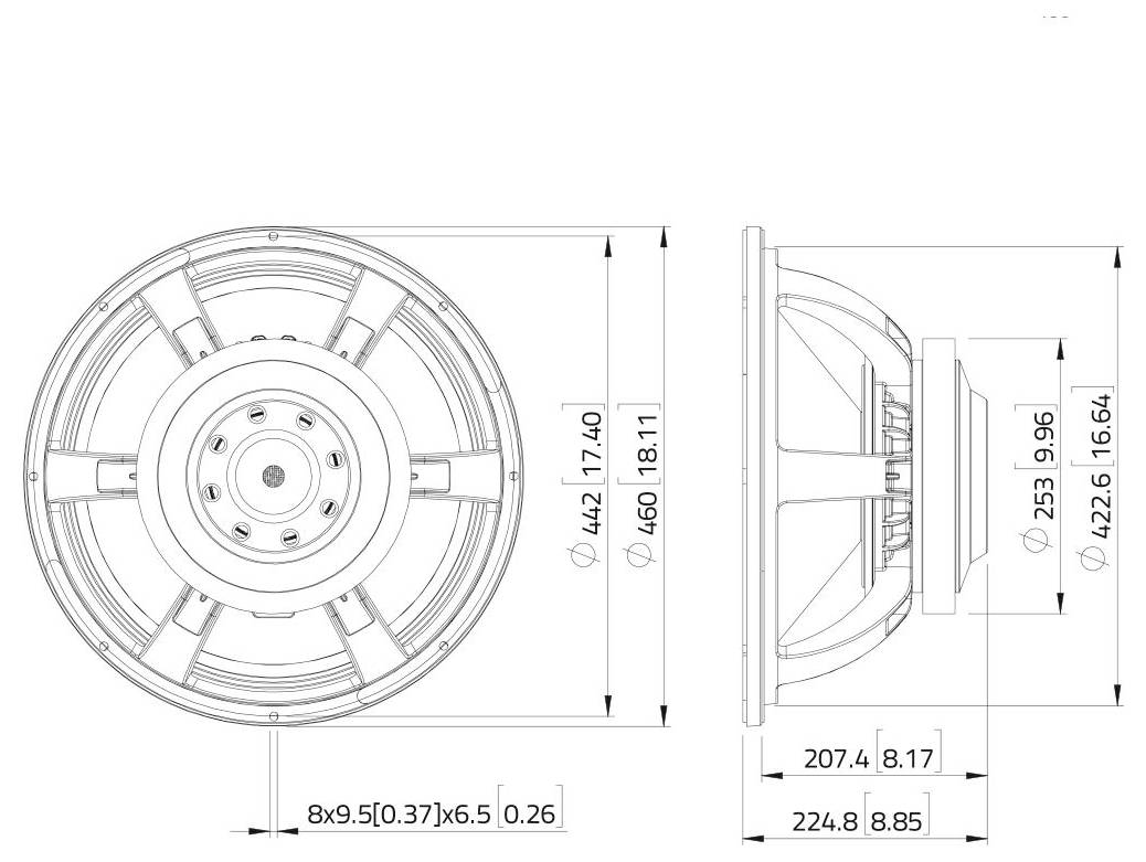 Technický výkres okrúhleho reproduktora znázorňujúci pohľad spredu a z boku s rozmermi: pohľad spredu priemer 442 mm, pohľad z boku hĺbka 166,4 mm.