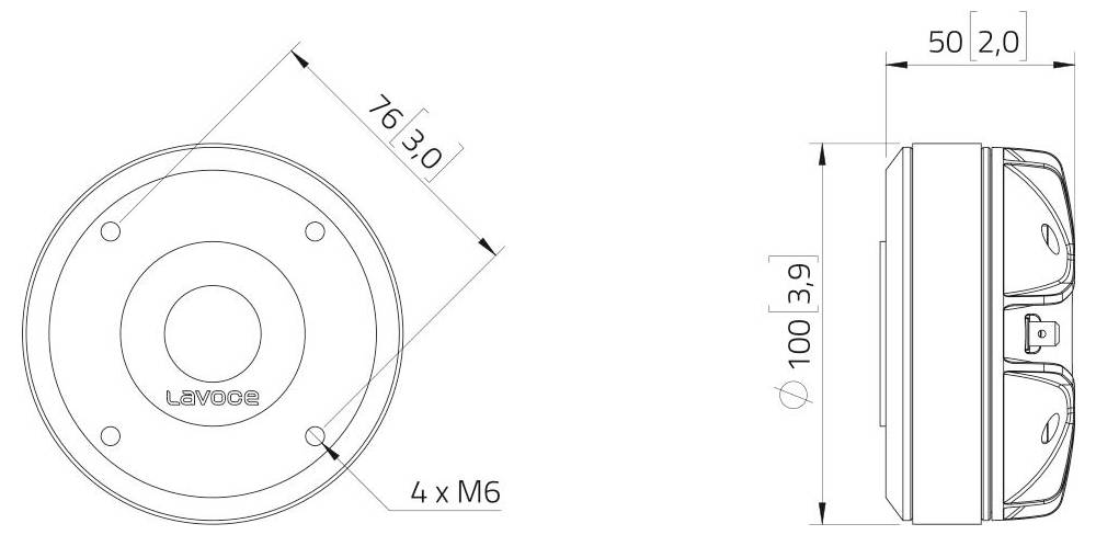 Technický výkres kruhového LED svetla s rozmermi: priemer 76 mm, výška 50 mm, obsahuje 4 závitové otvory M6. Zobrazené bočné a čelné pohľady.