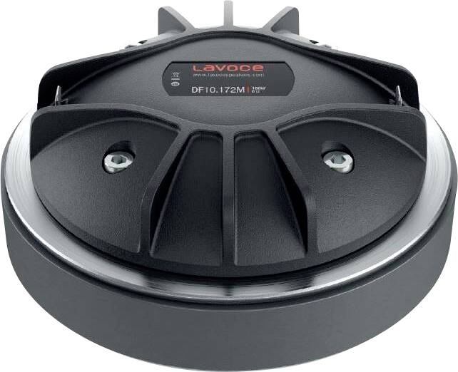 Reproduktor označený "LaVoce DF10.172M 250W", zobrazujúci kruhový, kovový dizajn s centrálnym kužeľom a montážnymi komponentmi.