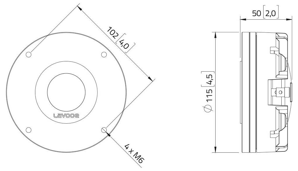 Technický výkres montážneho zariadenia okrúhleho tvaru, priemer 102 mm, hĺbka 50 mm. Obsahuje štyri skrutkovové otvory M6, podrobný bočný pohľad.