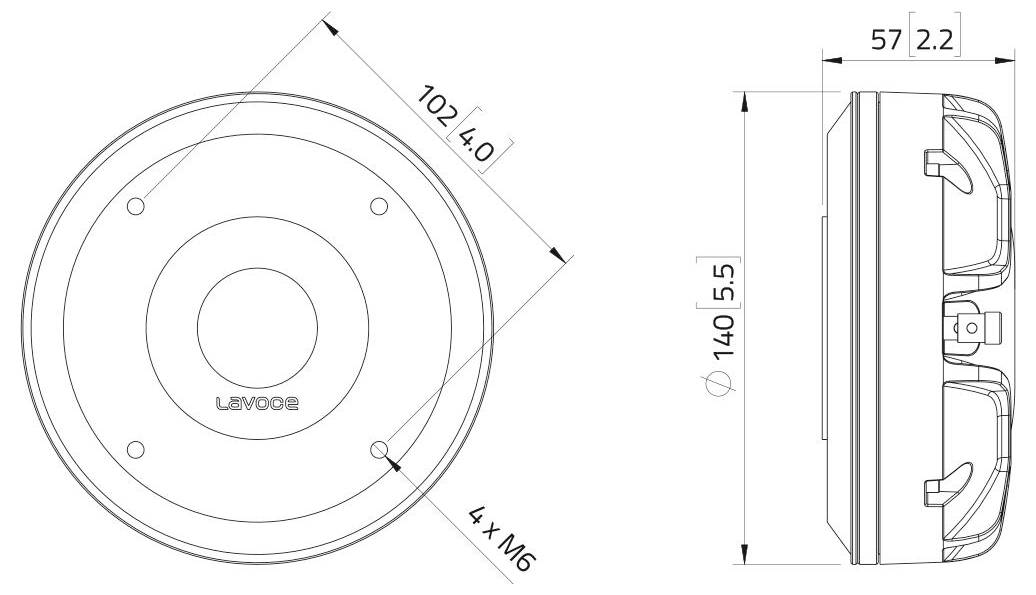 Technický výkres kruhového objektu s dvoma pohľadmi. Pohľad zhora ukazuje označenie 'LEV002', 4 skrutky M6 a priemer 102 mm. Bočný pohľad ukazuje výšku 57 mm a šírku 140 mm.