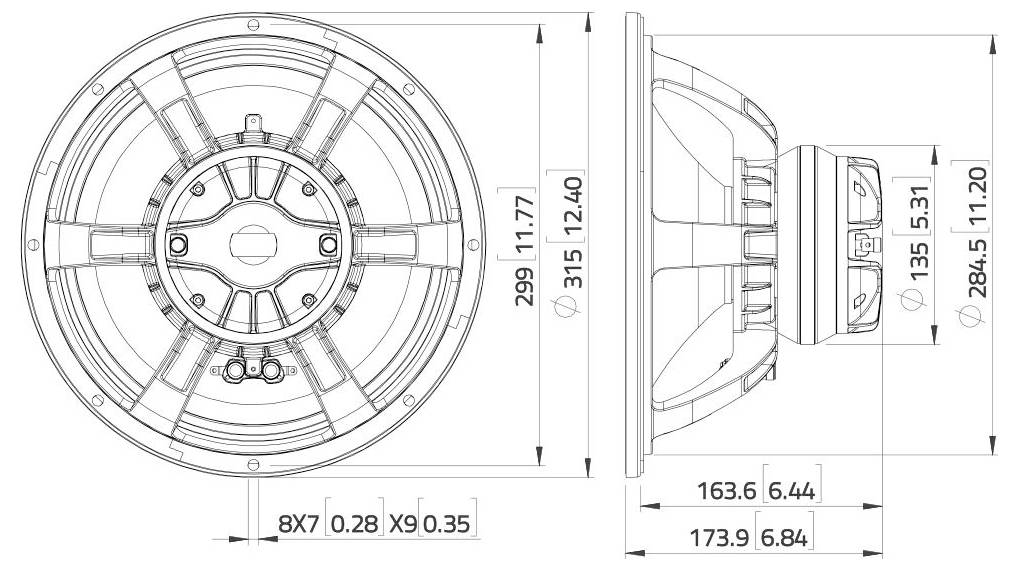 Technický výkres reproduktora s pohľadom zboku a spredu. Rozmery: priemer 299 mm, hĺbka 135 mm a ďalšie označené rozmery.