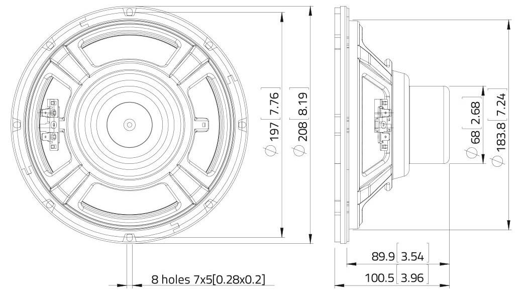 Technický výkres reproduktora zobrazujúci predný a bočný pohľad s rozmermi: priemer 197 mm, hĺbka 100,5 mm; vrátane otvorov a meraní.