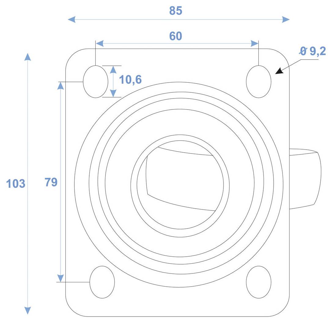 Technický výkres montážnej dosky s rozmermi: 85 mm na šírku, 103 mm na výšku, centrálny otvor s priemerom 60 mm a štyri montážne otvory.