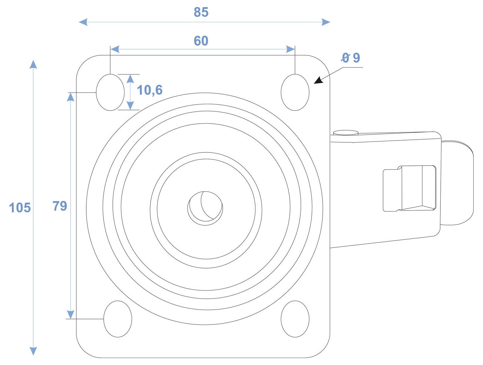Technický diagram znázorňujúci rozmerovaný pohľad zhora mechanickej súčiastky: výška 105 mm, šírka 85 mm, priemer kruhového prvku 10,6 mm, priemer otvoru 9 mm.