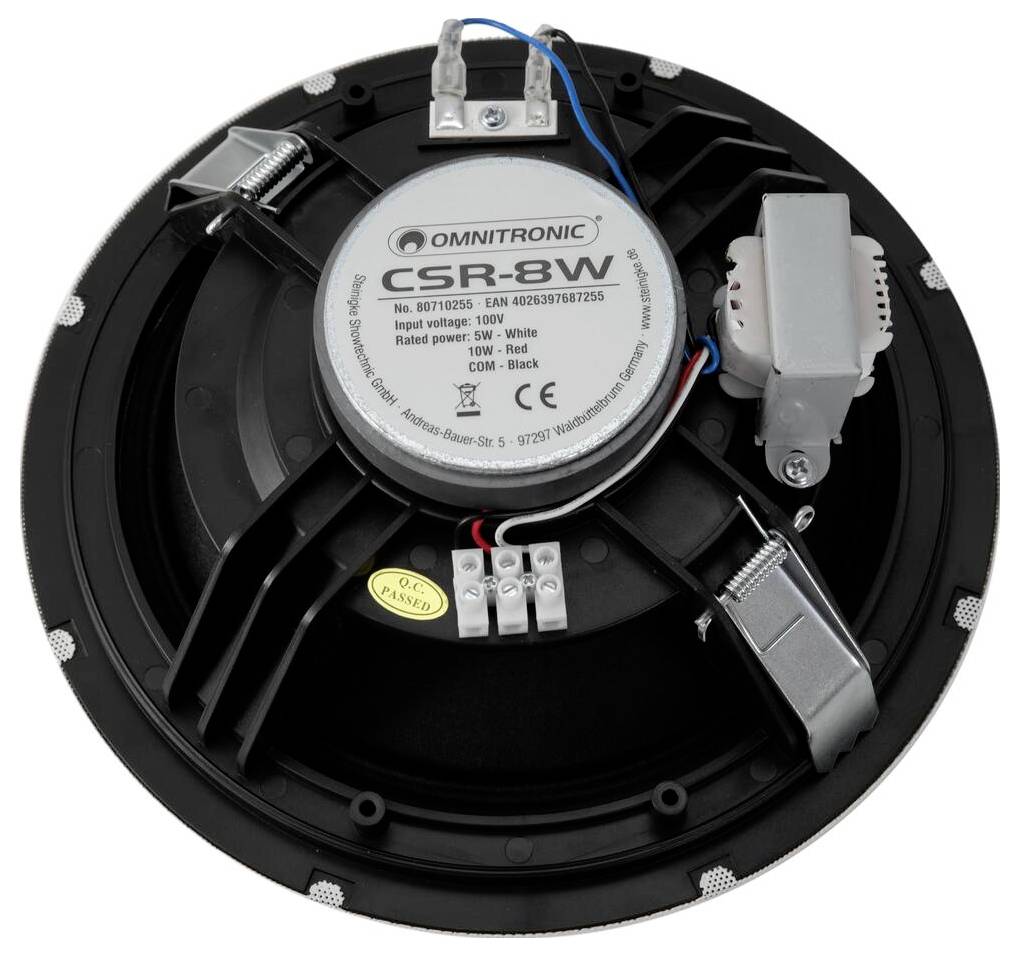 Stropný reproduktor s označením „CSR-8W", zobrazujúci prípojné svorky, výkon 10W a impedanciu 8Ω od značky Omnitronic.