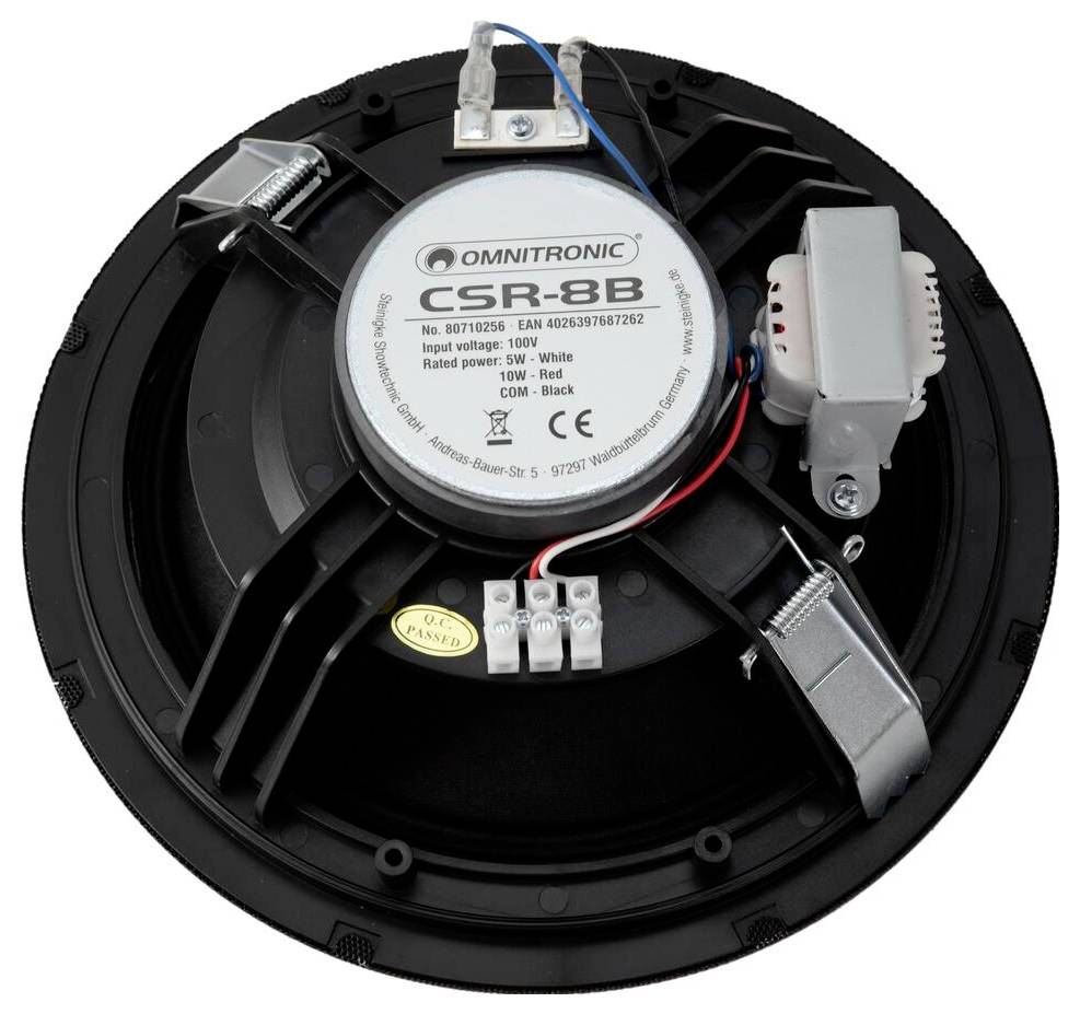Čierna reproduktorová jednotka Omnitronic CSR-8B v pohľade zozadu s viditeľnými pripojeniami a označeniami, vrátane údajov o výkone a impedancii.