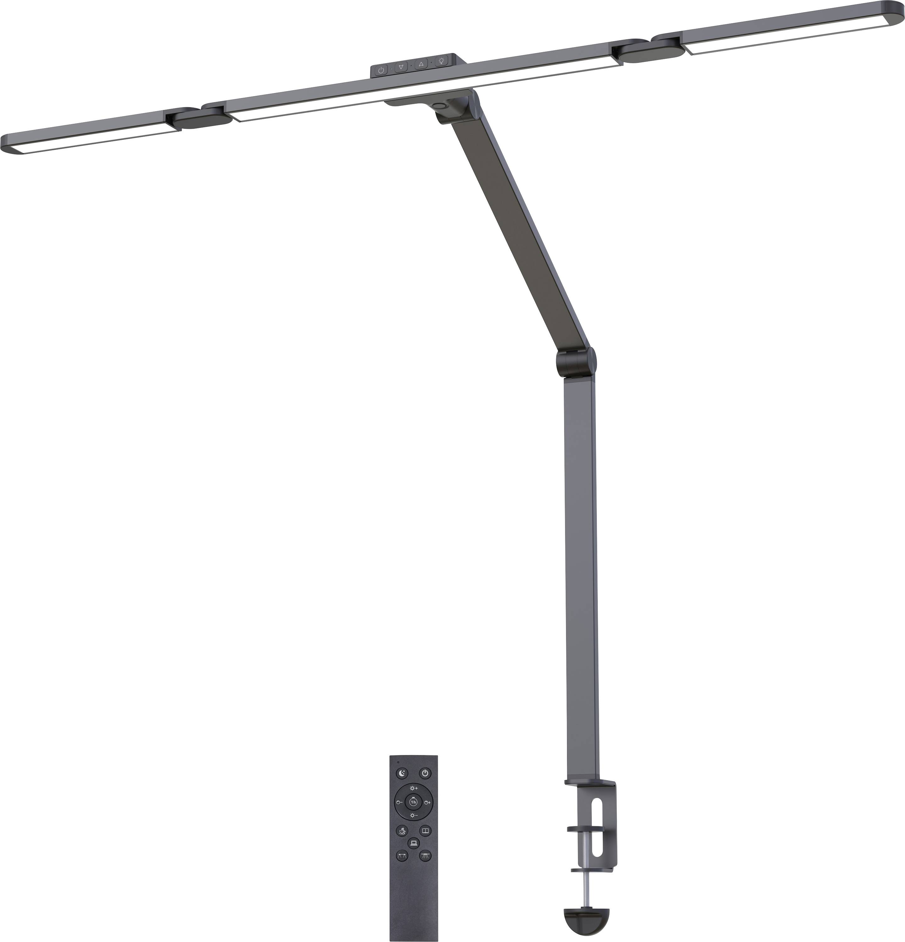 Nastaviteľná LED stolná lampa s kĺbovým ramenom a širokým svetelným panelom, znázornená s malým diaľkovým ovládačom.